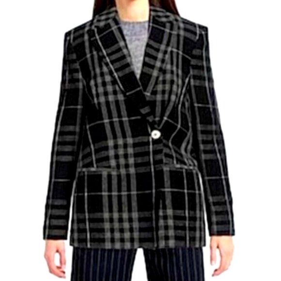 Tela Italian Linen Blazer Black Tartan Plaid Single-Button Rear Vent Jacket S - Picture 1 of 16